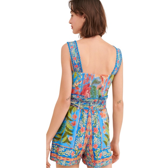 NWT Farm Rio Stitched Garden Blue Shorts Romper Blue Floral One Piece Small - Picture 4 of 12